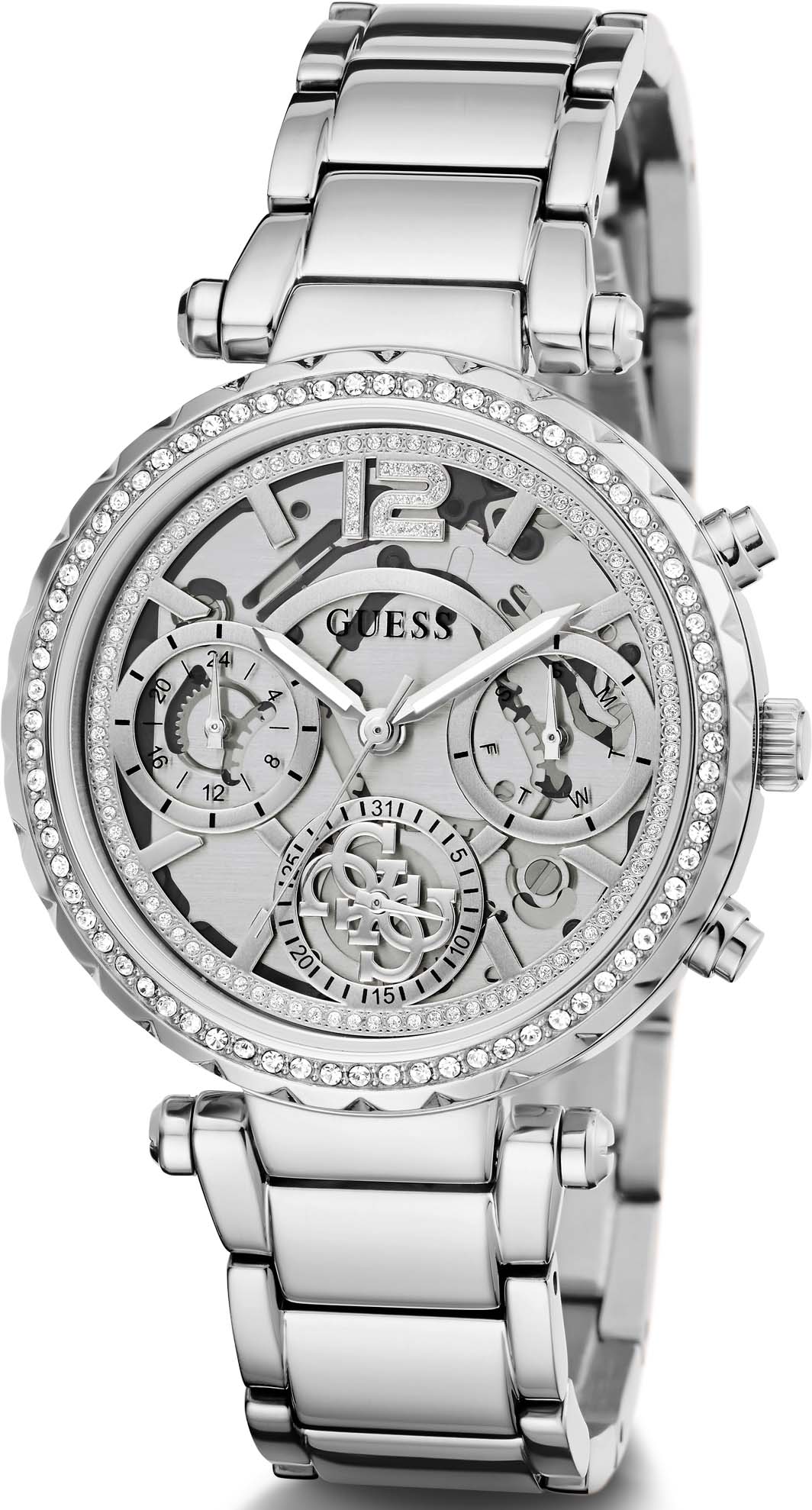 GUESS SOLSTICE LADIES SILVER-TONE MULTIFUNCTION/SKELETON
