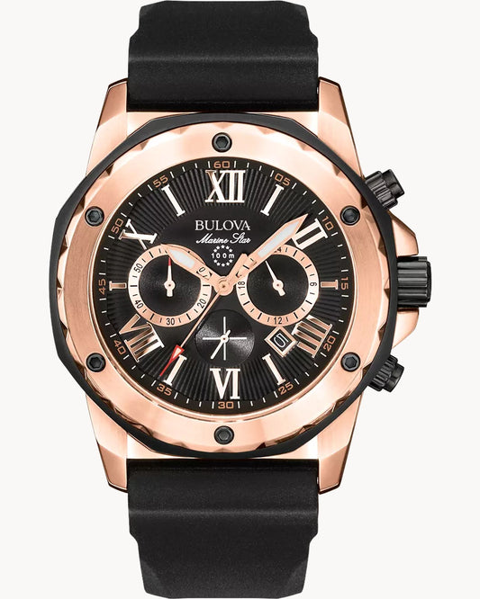 BULOVA BLACK DIAL QUARTZ MARINE STAR CHRONOGRAPH 98B104 (M)