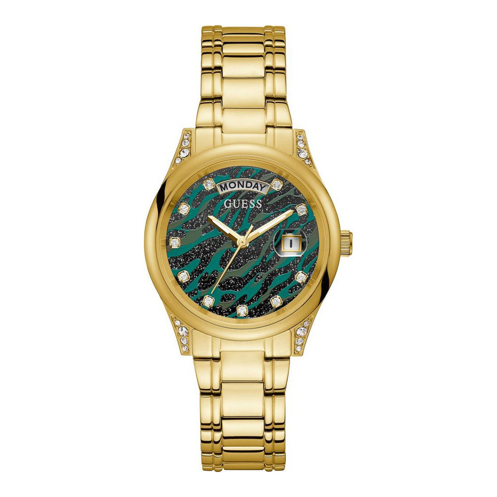 GUESS GOLD TONED STAINLESS STEEL WITH GREEN PATTERN DAIL WATCH