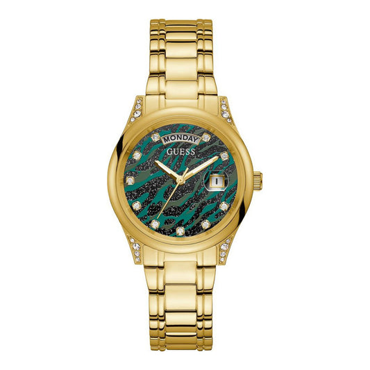 GUESS GOLD TONED STAINLESS STEEL WITH GREEN PATTERN DAIL WATCH
