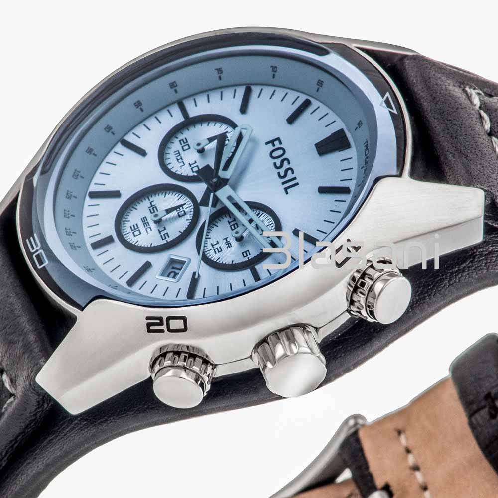 FOSSIL BLUE GLASS CHRONOGRAPH BLACK LEATHER STRAP MEN'S WATCH - CH2564
