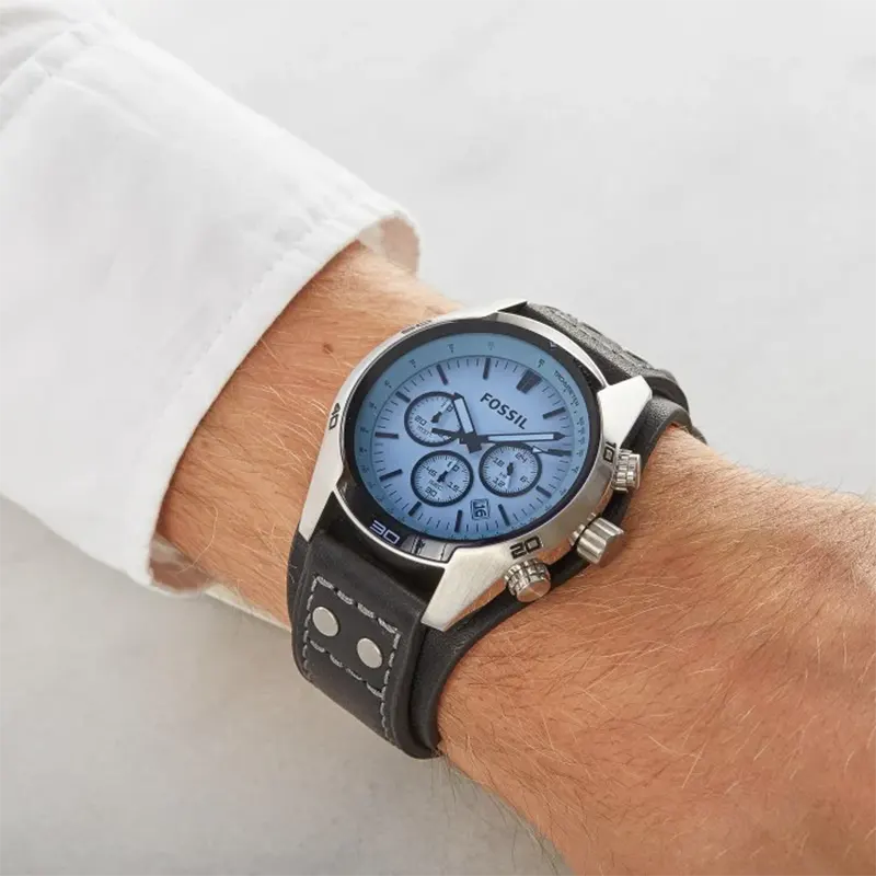 FOSSIL BLUE GLASS CHRONOGRAPH BLACK LEATHER STRAP MEN'S WATCH - CH2564