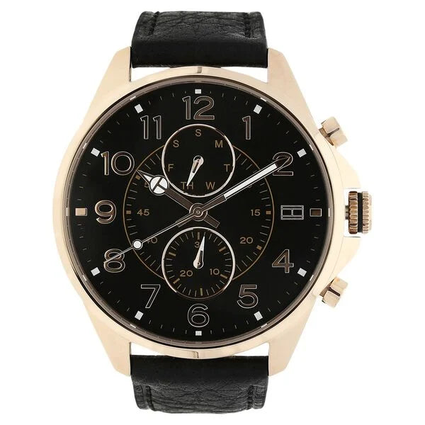 TOMMY HILFIGER - MEN'S 'DEAN' CHRONOGRAPH BLACK DIAL BLACK LEATHER STRAP WATCH - 1791273