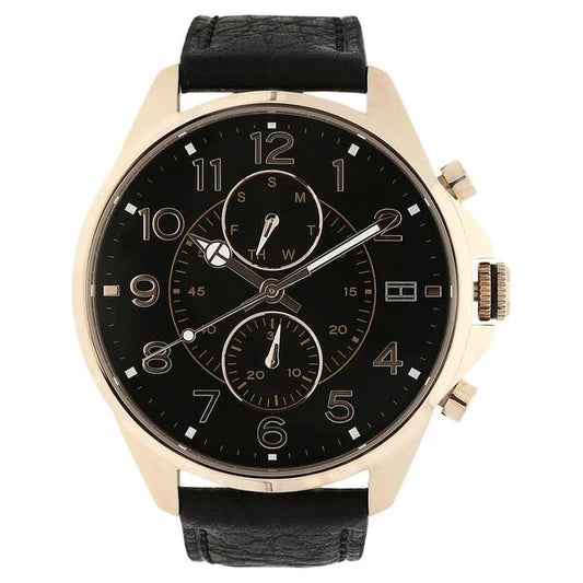 TOMMY HILFIGER - MEN'S 'DEAN' CHRONOGRAPH BLACK DIAL BLACK LEATHER STRAP WATCH - 1791273