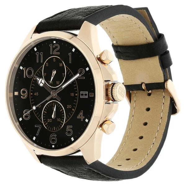 TOMMY HILFIGER - MEN'S 'DEAN' CHRONOGRAPH BLACK DIAL BLACK LEATHER STRAP WATCH - 1791273