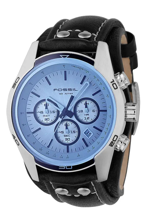 FOSSIL BLUE GLASS CHRONOGRAPH BLACK LEATHER STRAP MEN'S WATCH - CH2564