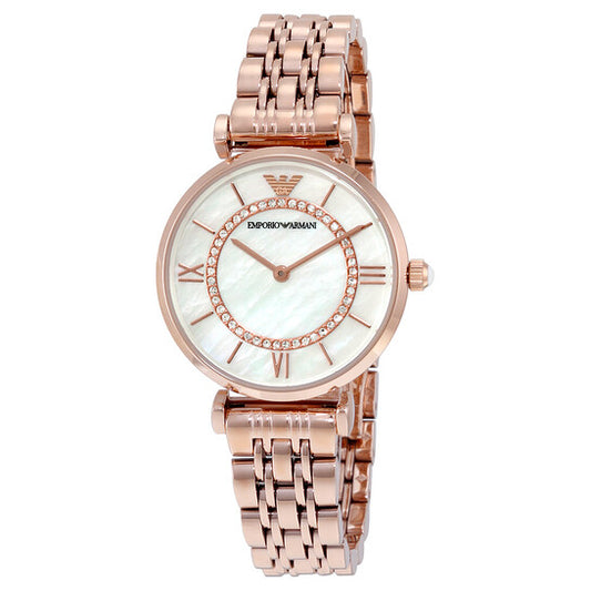 EMPORIO ARMANI GIANNI T-BAR WOMEN WATCH MOTHER OF PEARL DIAL ROSE GOLD BAND