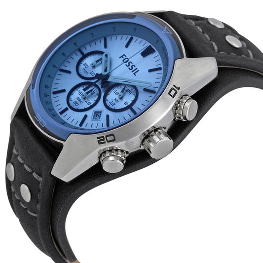 FOSSIL BLUE GLASS CHRONOGRAPH BLACK LEATHER STRAP MEN'S WATCH - CH2564