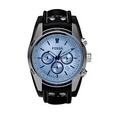 FOSSIL BLUE GLASS CHRONOGRAPH BLACK LEATHER STRAP MEN'S WATCH - CH2564