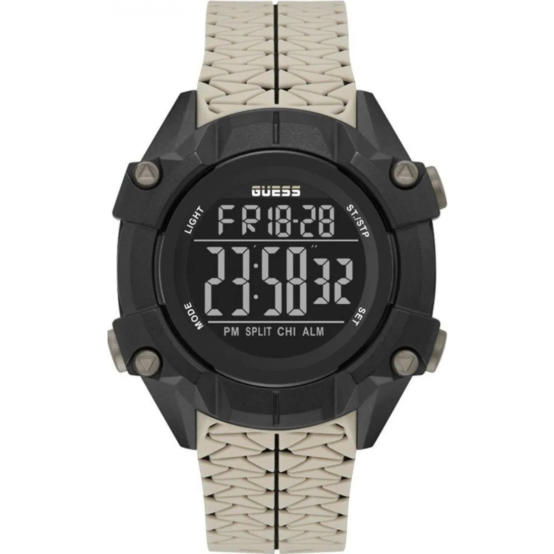 GUESS MEN'S BLACK STAINLESS STEEL, BEIGE SILICONE | GW0342G2