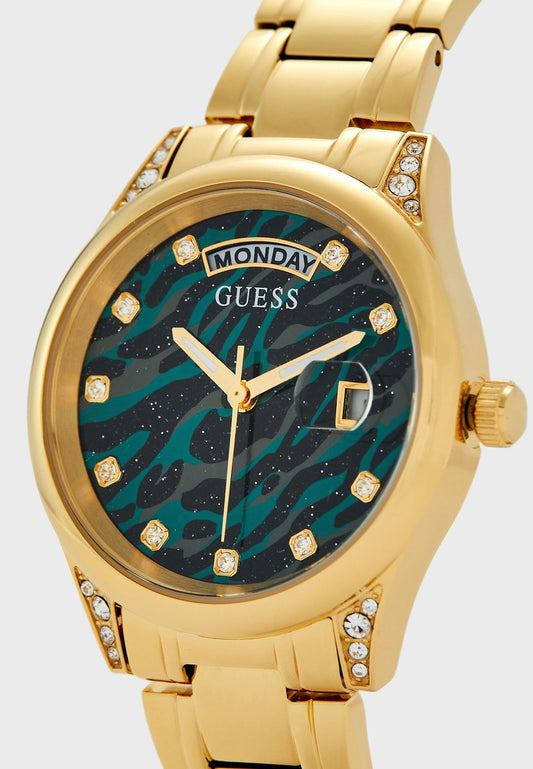 GUESS GOLD TONED STAINLESS STEEL WITH GREEN PATTERN DAIL WATCH
