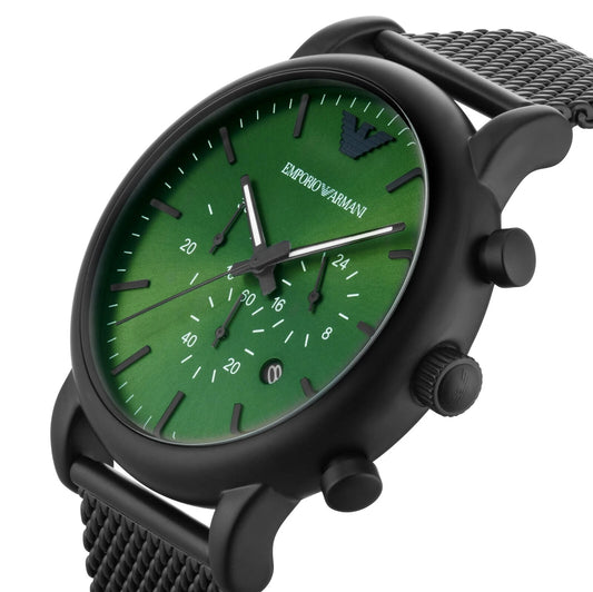 EMPORIO ARMANI BLACK AND GREEN STEEL CHRONOGRAPH WATCH