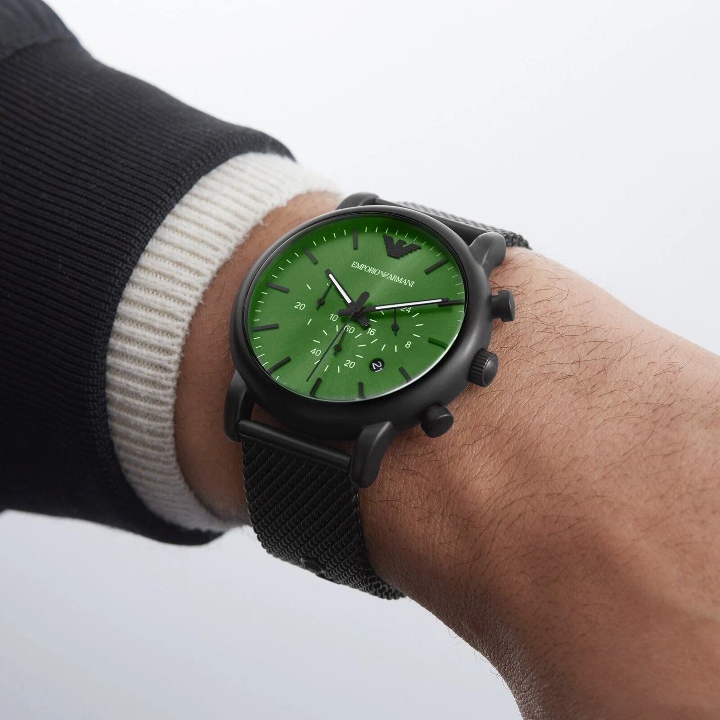 EMPORIO ARMANI BLACK AND GREEN STEEL CHRONOGRAPH WATCH