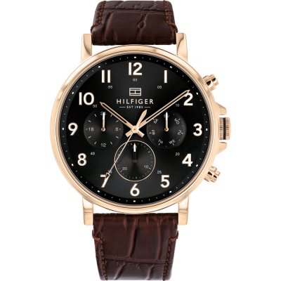 TOMMY HILFIGER - MEN'S DANIEL BLACK DIAL BROWN LEATHER STRAP WATCH - 1710379