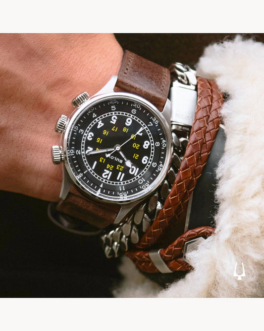BULOVA BLACK DIAL LEATHER STRAP A-15 PILOT AUTOMATIC 96A245 (M)