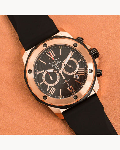 BULOVA BLACK DIAL QUARTZ MARINE STAR CHRONOGRAPH 98B104 (M)