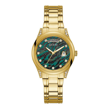 GUESS GOLD TONED STAINLESS STEEL WITH GREEN PATTERN DAIL WATCH