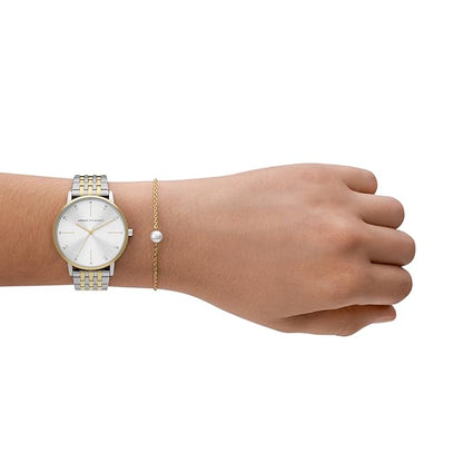 ARMANI EXCHANGE LOLA WHITE DIAL TWO-TONE STAINLESS STEEL WATCH GIFT SET AX7156SET (W)