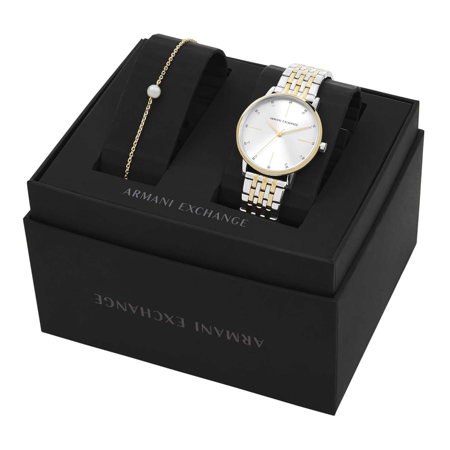 ARMANI EXCHANGE LOLA WHITE DIAL TWO-TONE STAINLESS STEEL WATCH GIFT SET AX7156SET (W)