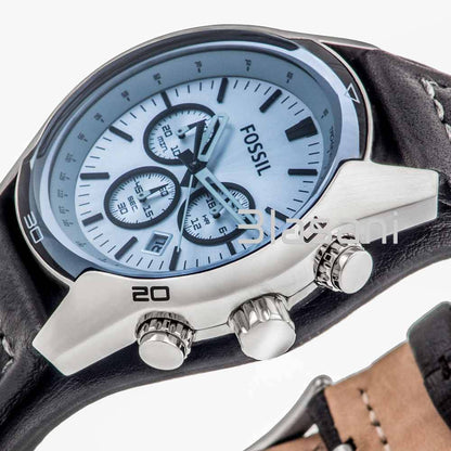 FOSSIL BLUE GLASS CHRONOGRAPH BLACK LEATHER STRAP MEN'S WATCH - CH2564
