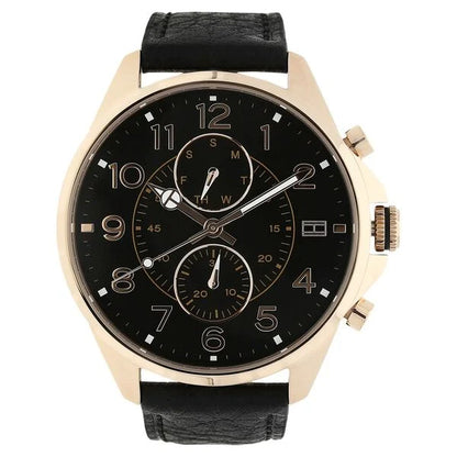 TOMMY HILFIGER - MEN'S 'DEAN' CHRONOGRAPH BLACK DIAL BLACK LEATHER STRAP WATCH - 1791273