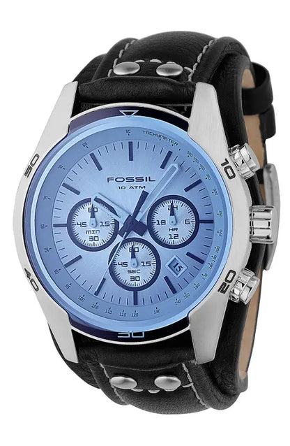 FOSSIL BLUE GLASS CHRONOGRAPH BLACK LEATHER STRAP MEN'S WATCH - CH2564