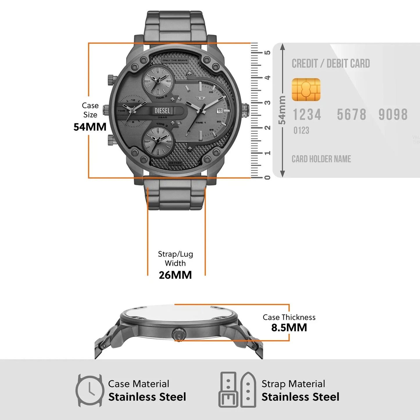 DIESEL MR. DADDY SLIM GUNMETAL MULTI-DIAL WATCH DZ7487 (M)