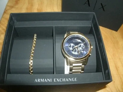 ARMANI EXCHANGE BANKS BLUE DIAL GOLD TONE CHRONOGRAPH WATCH GIFT SET AX7151SET (M)