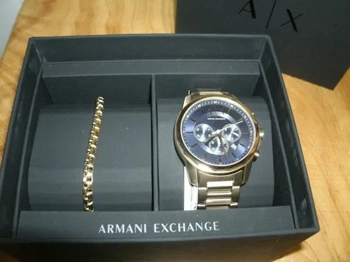 ARMANI EXCHANGE BANKS BLUE DIAL GOLD TONE CHRONOGRAPH WATCH GIFT SET AX7151SET (M)