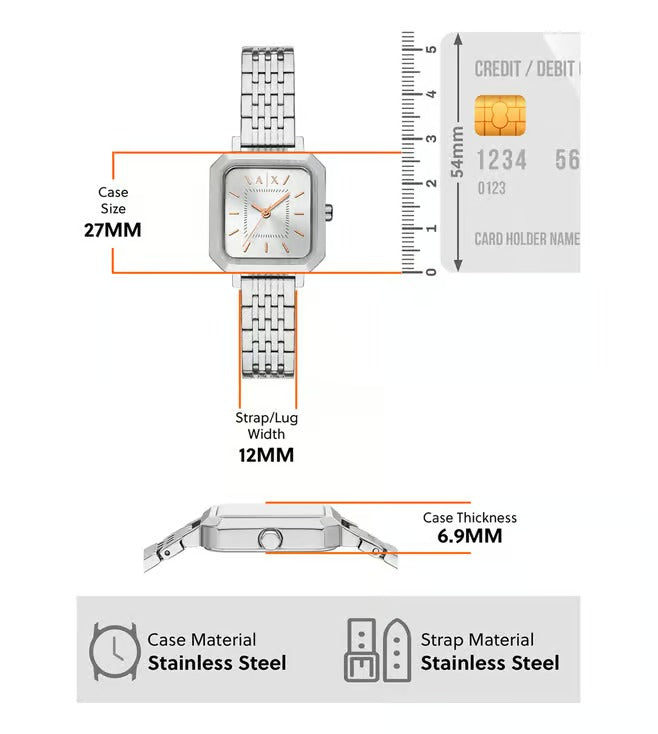 ARMANI EXCHANGE SILVER RECTANGULAR DIAL STAINLESS STEEL WATCH AX5724 (W)