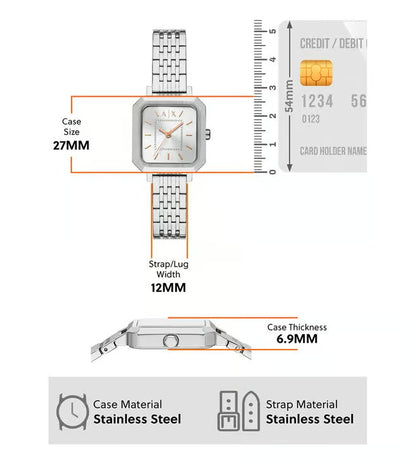 ARMANI EXCHANGE SILVER RECTANGULAR DIAL STAINLESS STEEL WATCH AX5724 (W)