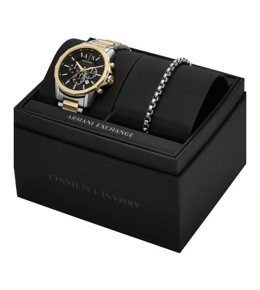ARMANI EXCHANGE BLACK CHRONOGRAPH TWO-TONE WATCH GIFT SET AX7148SET (M)