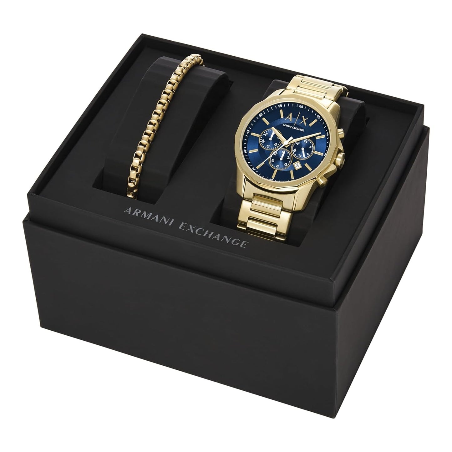 ARMANI EXCHANGE BANKS BLUE DIAL GOLD TONE CHRONOGRAPH WATCH GIFT SET AX7151SET (M)