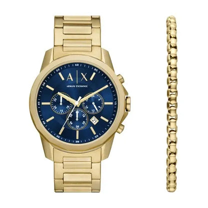 ARMANI EXCHANGE BANKS BLUE DIAL GOLD TONE CHRONOGRAPH WATCH GIFT SET AX7151SET (M)