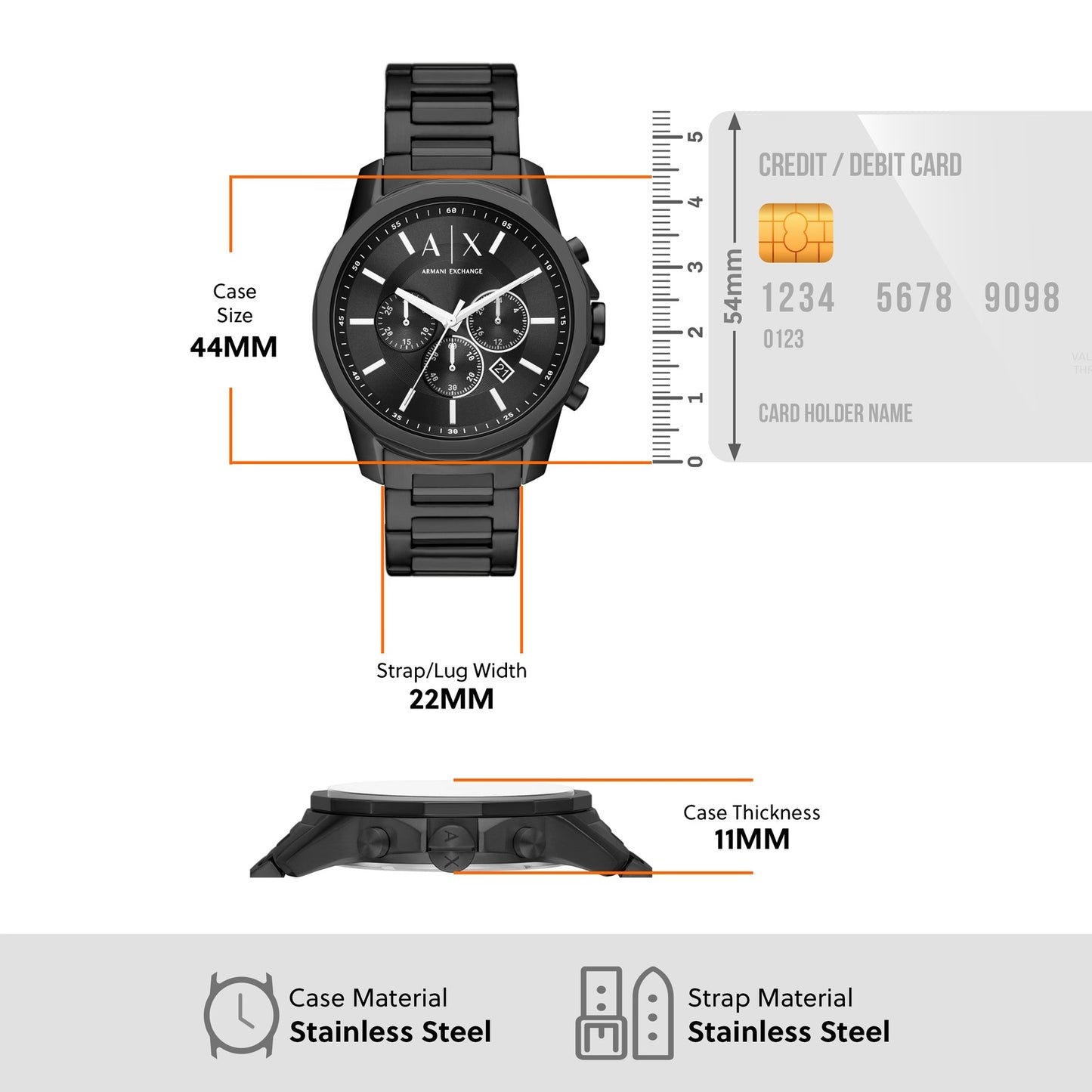 ARMANI EXCHANGE BANKS BLACK DIAL BLACK STAINLESS STEEL CHRONOGRAPH WATCH AX1722 (M)