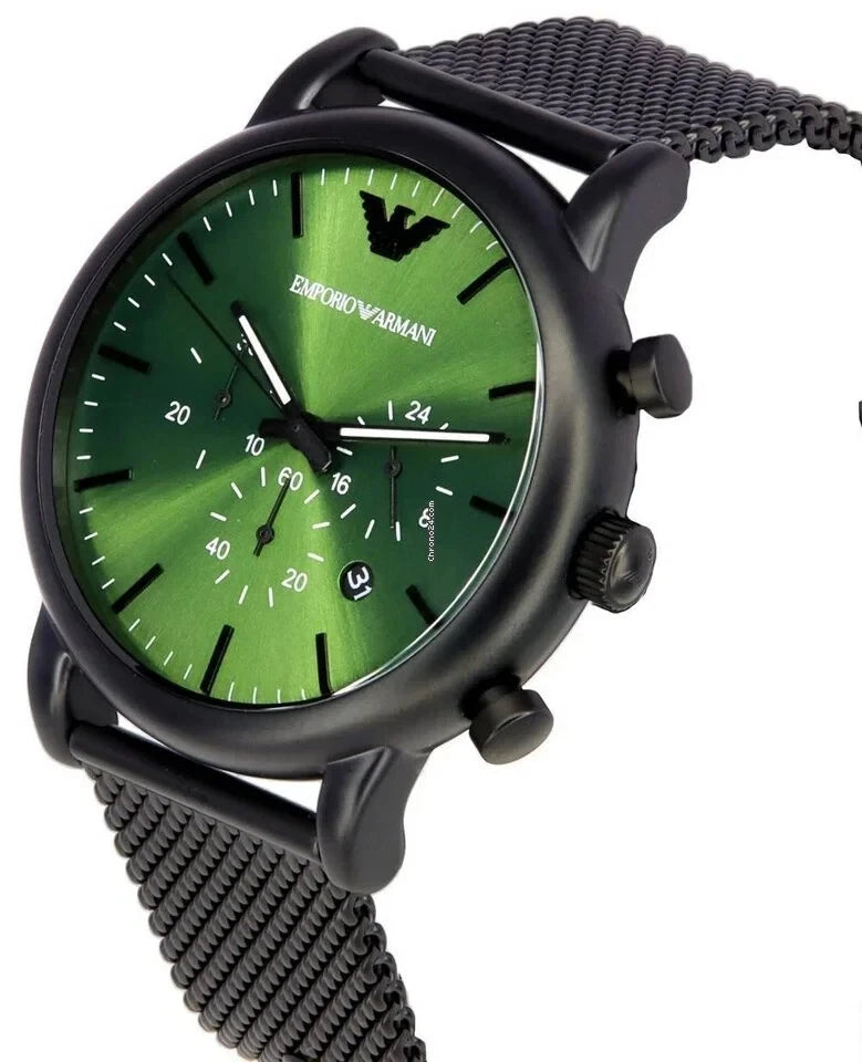 EMPORIO ARMANI BLACK AND GREEN STEEL CHRONOGRAPH WATCH